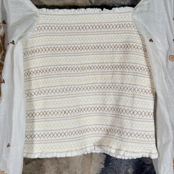 Anthropologie White‎ Gold Floral Embroidered Smocked Cropped Square Neck Top S - Picture 9 of 12